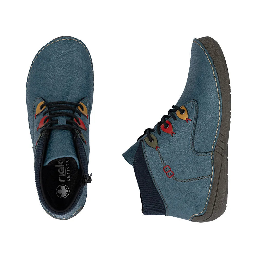 Rieker 52544-14 ladies blue ankle boots with zip and lace-up design, textured leather, and flexible rubber sole.