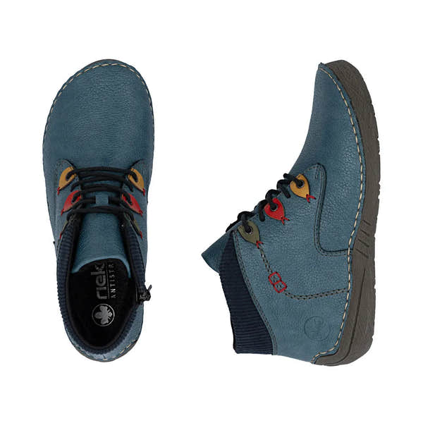 Rieker 52544-14 ladies blue ankle boots with zip and lace-up design, textured leather, and flexible rubber sole.