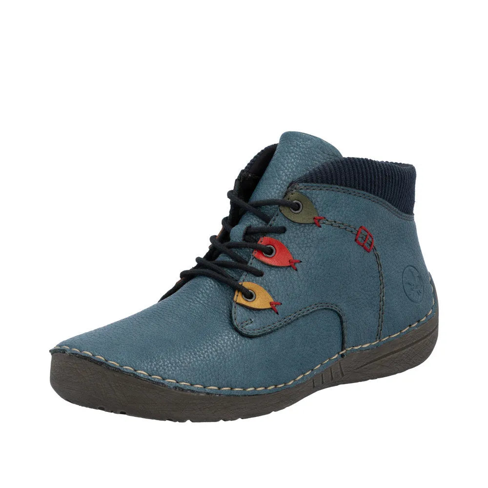 Rieker 52544-14 women's blue ankle boots with zipper, lace-up design, colorful eyelet details, and black sole.