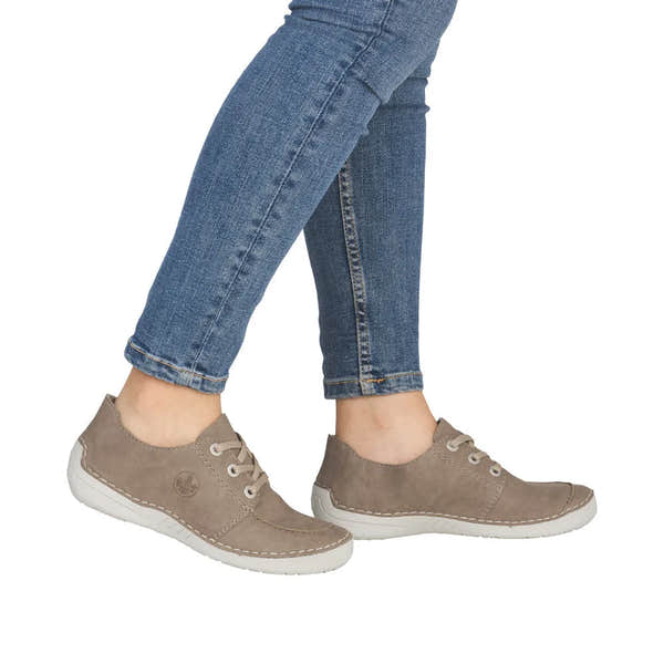 Rieker 52545-62 Ladies Beige Lace-Up Shoes, comfortable casual footwear, with white rubber soles and stitched detailing.