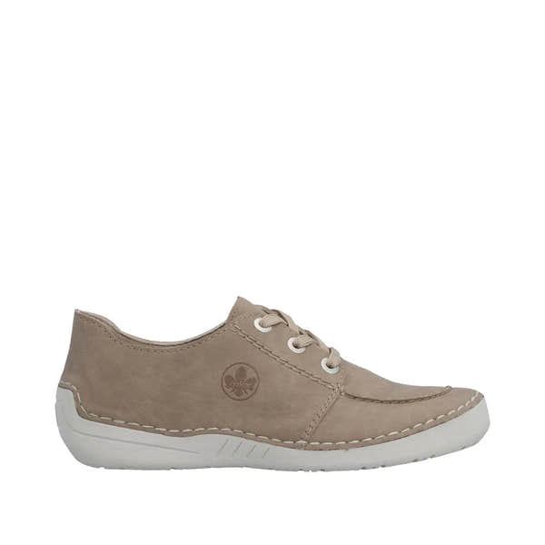 Rieker 52545-62 beige lace-up women's casual shoes with white sole and stitched detailing.