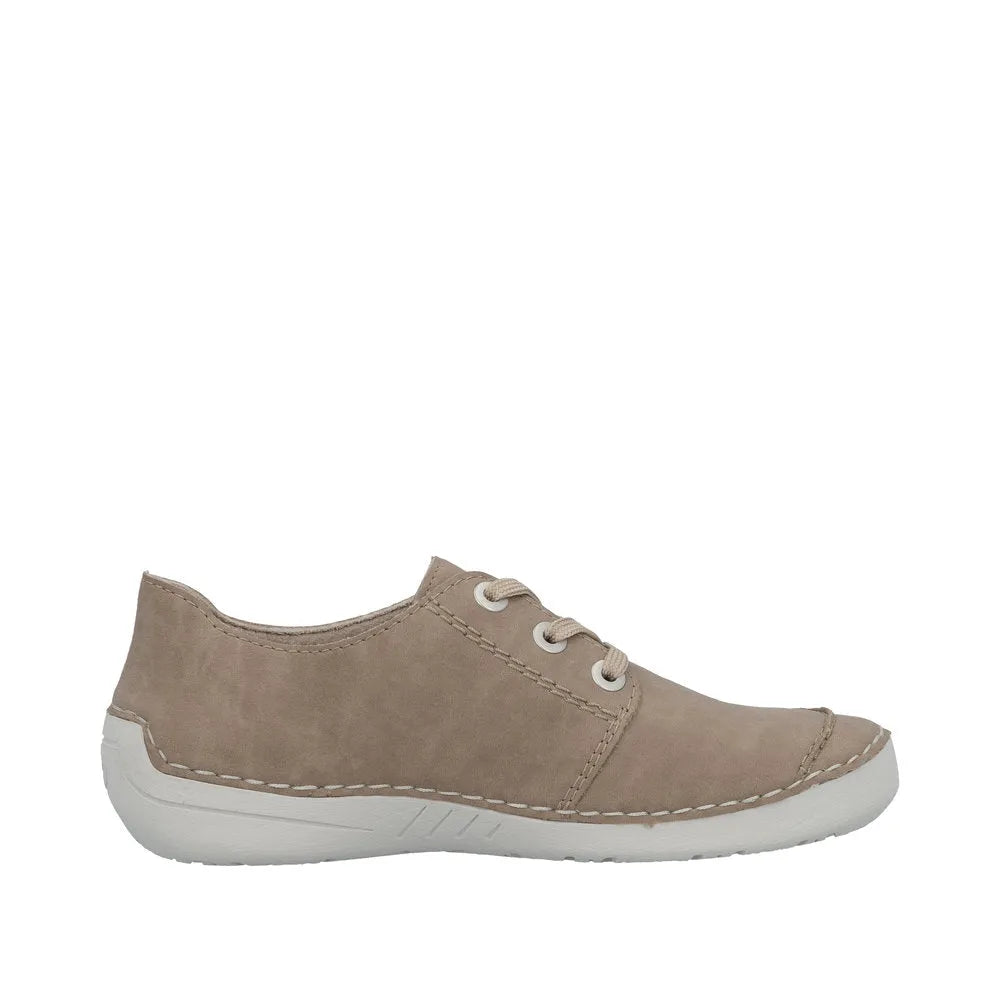 Rieker 52545-62 Ladies Beige Lace-Up Shoes, casual women’s footwear with neutral beige suede upper and white rubber sole.