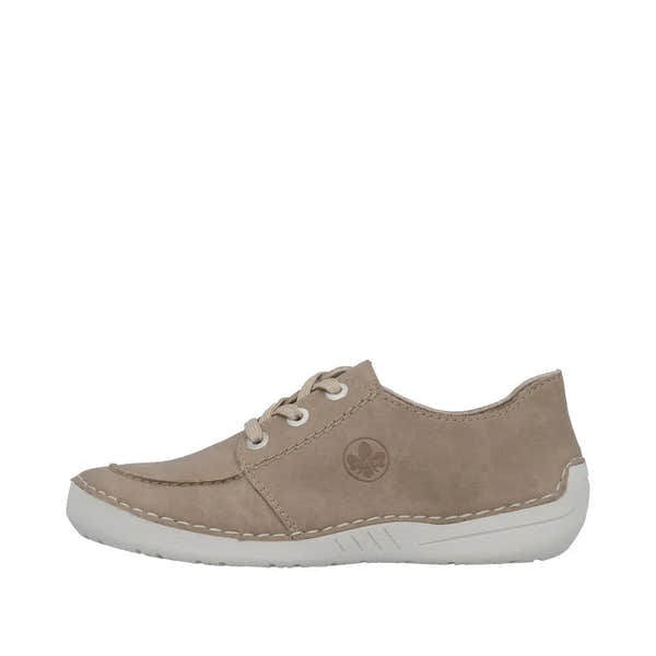 Rieker 52545-62 beige lace-up women's casual shoes with white sole and stitched detailing.