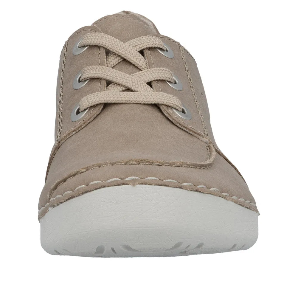 Rieker 52545-62 beige ladies lace-up shoes with white sole, casual comfortable footwear for women.