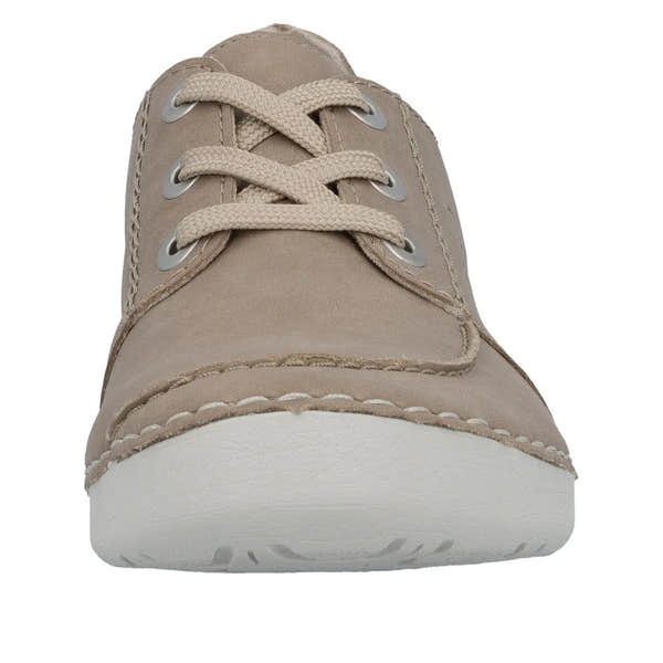Rieker 52545-62 beige ladies lace-up shoes with white sole, casual comfortable footwear for women.