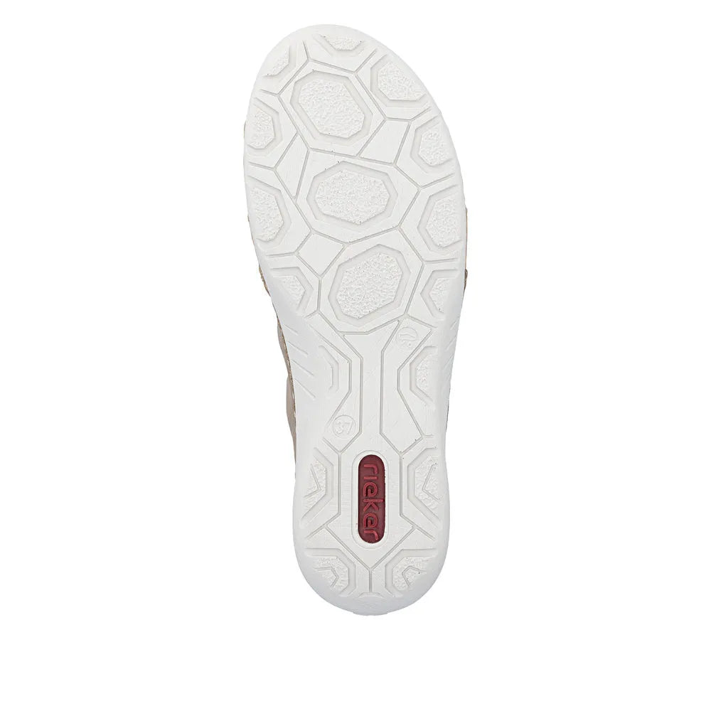 Rieker 52545-62 ladies beige lace-up shoes with white sole and honeycomb tread pattern.
