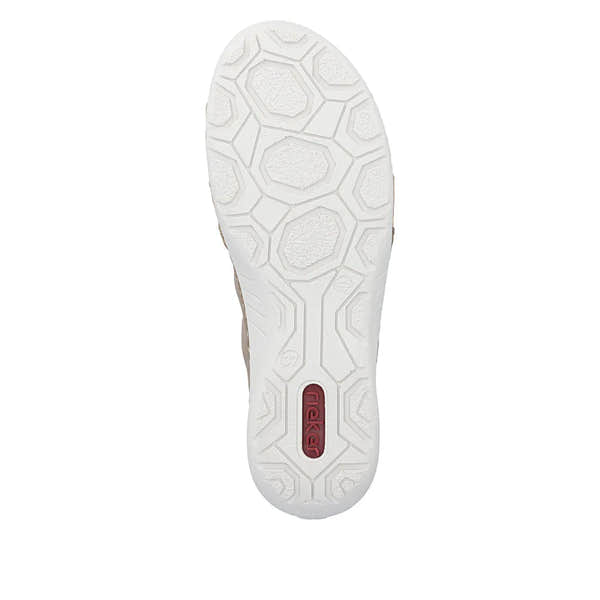 Rieker 52545-62 ladies beige lace-up shoes with white sole and honeycomb tread pattern.