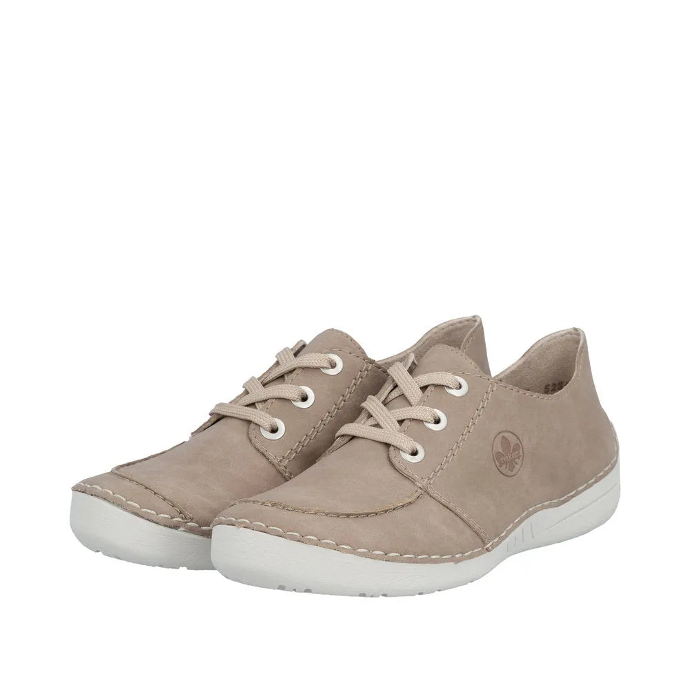 Rieker 52545-62 beige lace-up women's shoes with white sole, casual comfortable design, perfect for everyday wear.