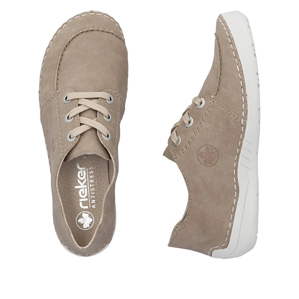 Rieker 52545-62 beige lace-up women's casual shoes with white sole and anti-stress comfort design.