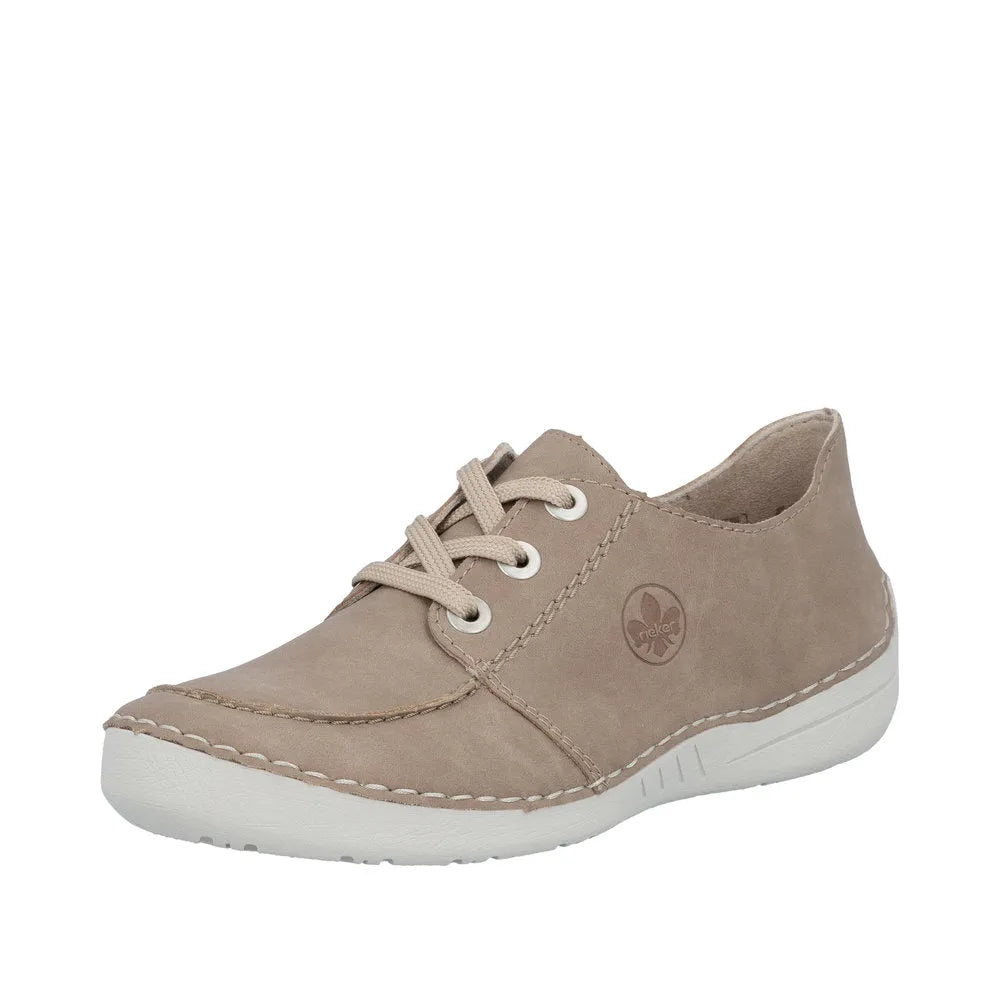 Rieker 52545-62 ladies beige lace-up casual shoes with white soles and stitched detailing.