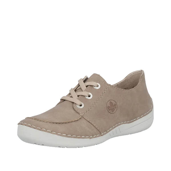 Rieker 52545-62 ladies beige lace-up casual shoes with white soles and stitched detailing.