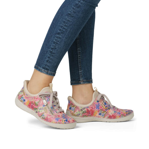 Rieker 52567-90 ladies multi-color lace-up casual shoes with floral print and beige accents.