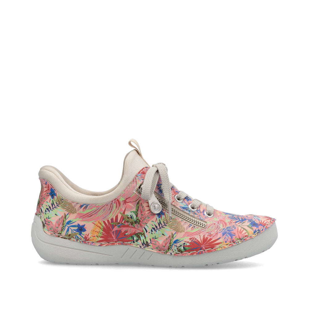Rieker 52567-90 ladies multi-color floral lace-up shoes with side zipper, lightweight sole, casual athletic style.