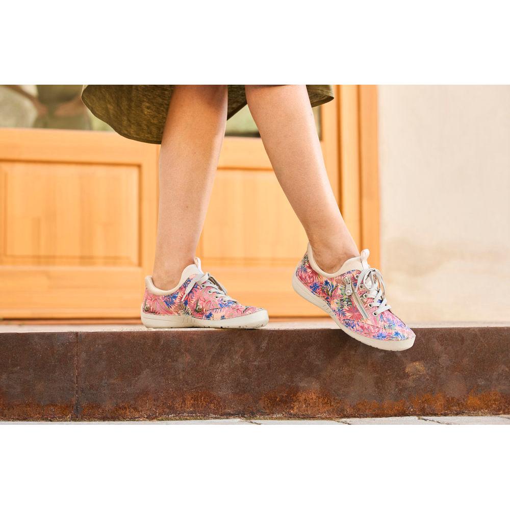 Rieker 52567-90 ladies multi-color lace-up shoes with floral pattern and white soles, lightweight and stylish for casual wear.