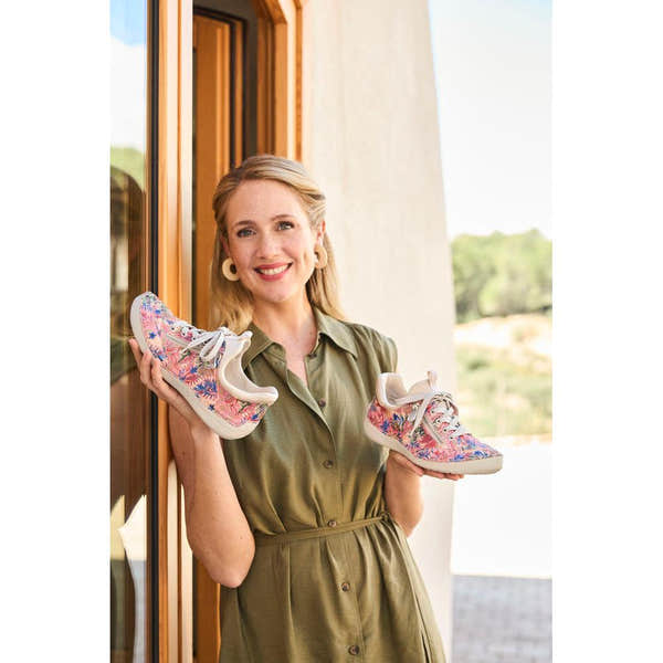 Rieker 52567-90 women's multi-colored lace-up sneakers with floral pattern and cushioned sole.