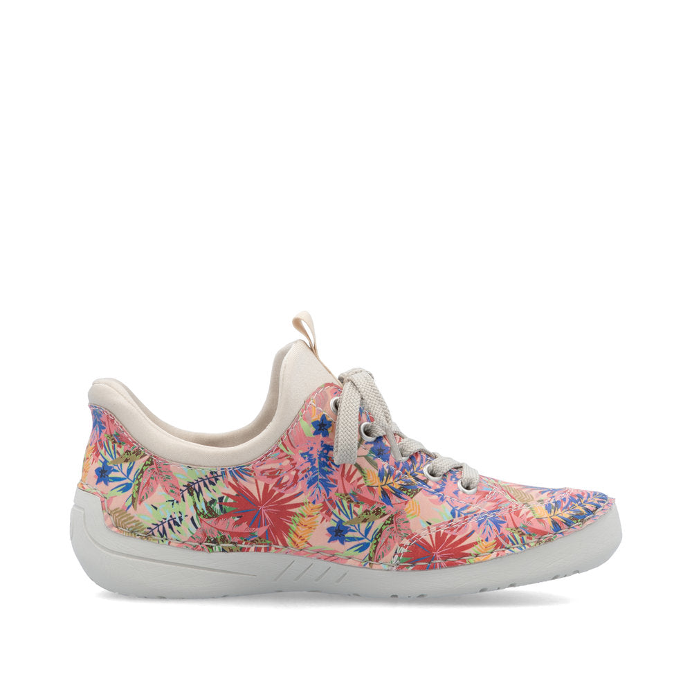Rieker 52567-90 women's multi-colored lace-up casual shoes with floral pattern and white sole.