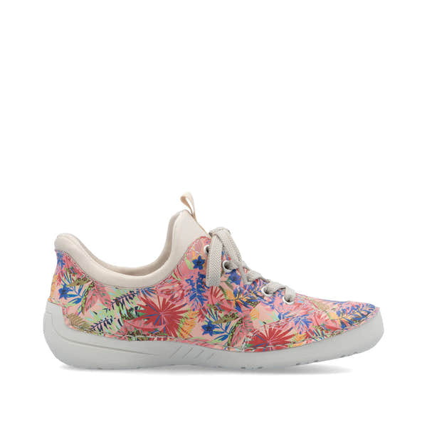 Rieker 52567-90 women's multi-colored lace-up casual shoes with floral pattern and white sole.