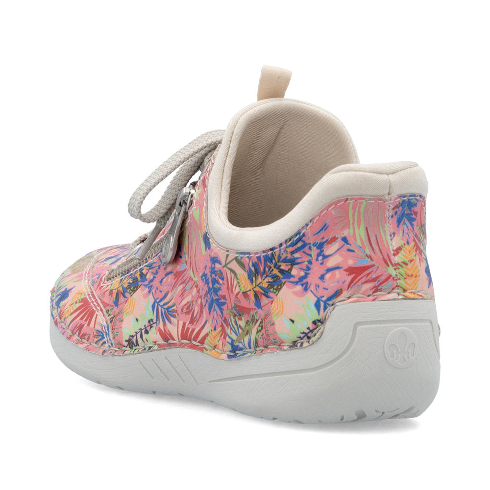 Rieker 52567-90 women's multi-color lace-up shoes with floral pattern, comfortable slip-on design, and cushioned interior.
