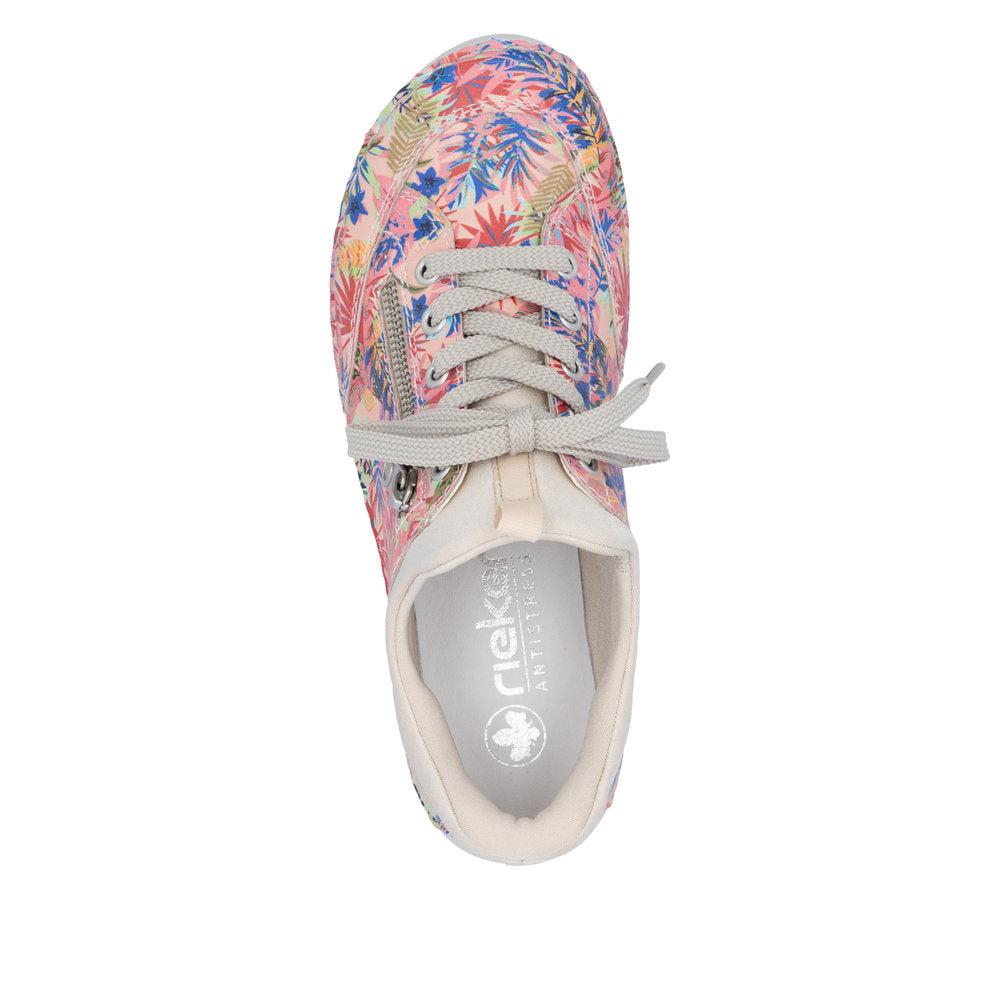 Rieker 52567-90 ladies multi-colored lace-up shoes with floral pattern and side zippers, comfortable athletic footwear.