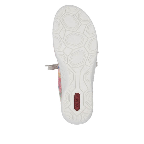 Rieker 52567-90 ladies multi-color lace-up shoes with white sole and textured grip pattern.
