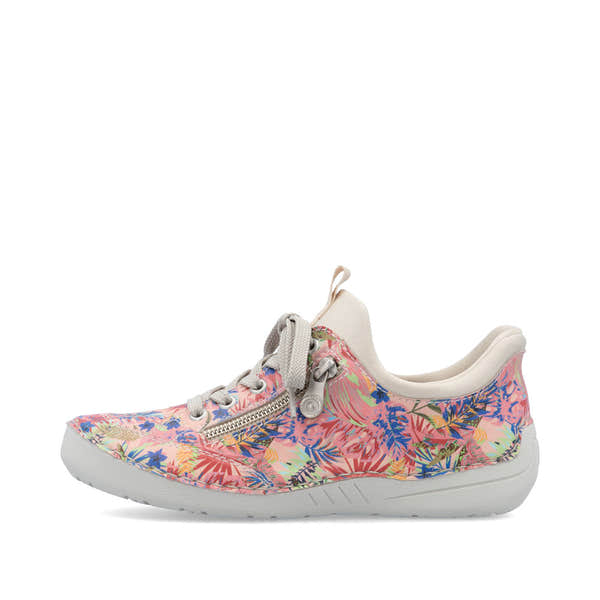 Rieker 52567-90 women's multi-colored lace-up casual shoes with floral pattern and side zipper, lightweight and comfortable.