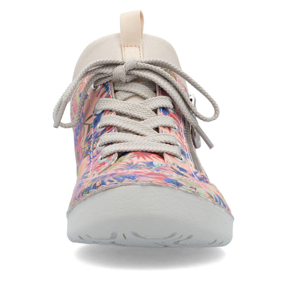 Rieker 52567-90 women's multi-colored lace-up shoes with floral pattern, white soles, and beige laces.