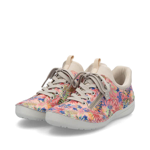 Rieker 52567-90 women's floral multi lace-up shoes with side zipper, white sole, and padded collar.