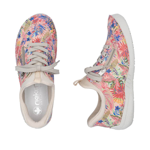 Rieker 52567-90 women's multi-colored lace-up sneakers with floral print, side zipper, white rubber sole, casual and stylish footwear.