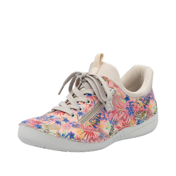 Rieker 52567-90 women's multi-colored lace-up shoes with floral print, side zipper, padded collar, and white rubber sole.