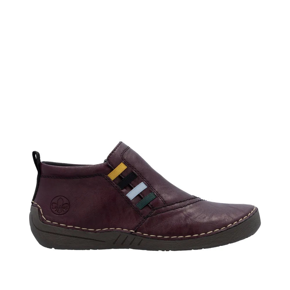 Rieker 52584-30 women's red ankle boots with side zipper, slip-on design, durable sole, and colorful elastic accents.