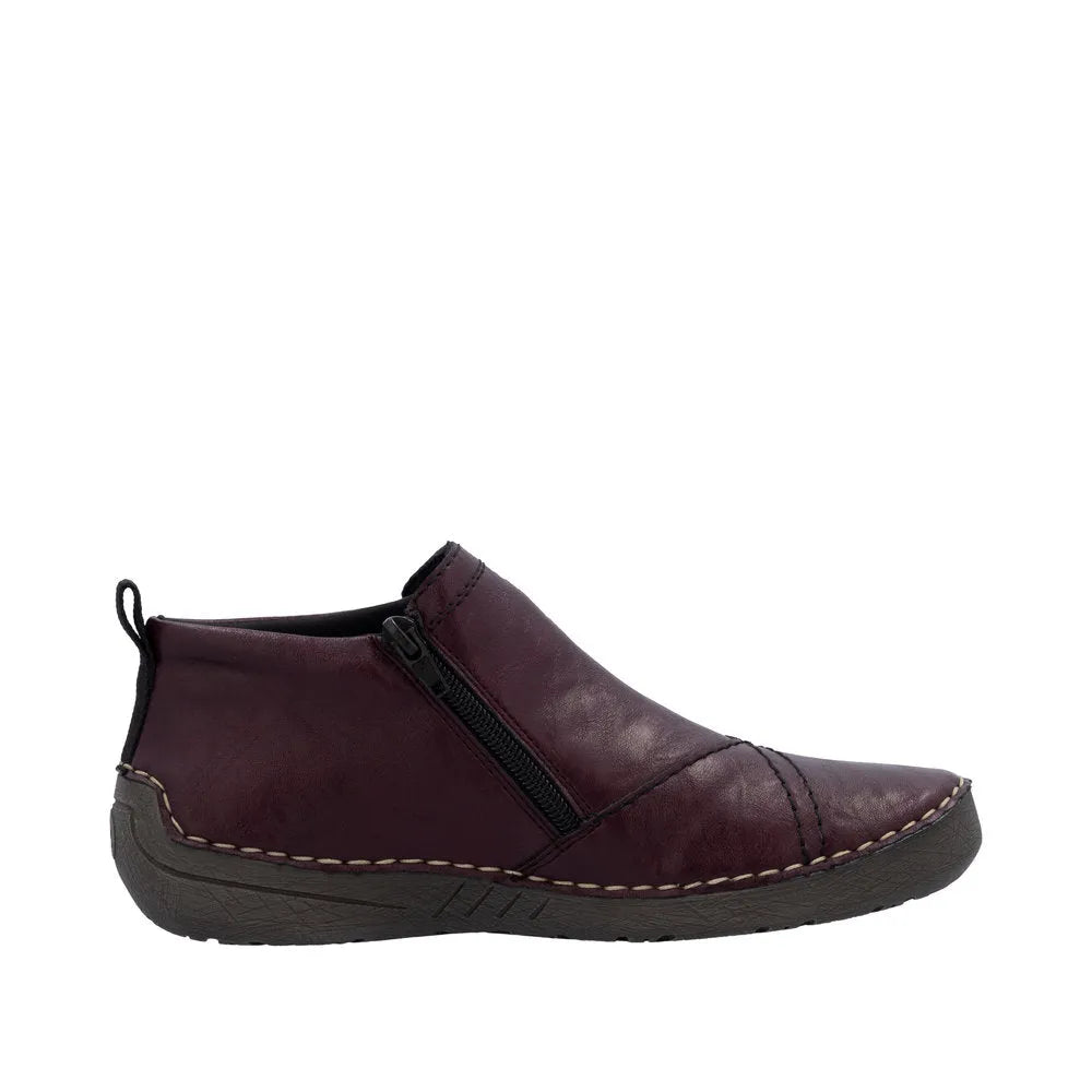 Rieker 52584-30 women's red ankle boots with side zipper, slip-on design, cushioned sole, and low heel for comfort.