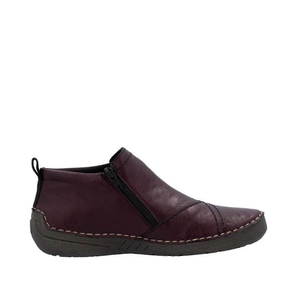 Rieker 52584-30 women's red ankle boots with side zipper, slip-on design, cushioned sole, and low heel for comfort.