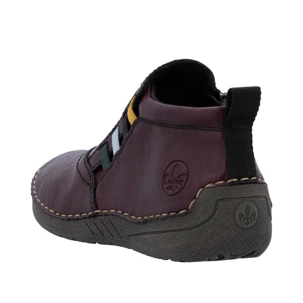 Rieker 52584-30 women's red ankle boots with side zipper, leather upper, cushioned sole, and pull tab heel for easy wear.