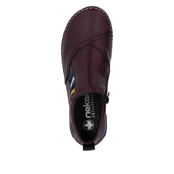 Rieker 52584-30 women's red ankle boots with side zipper, leather upper, anti-stress comfort, perfect for casual wear.