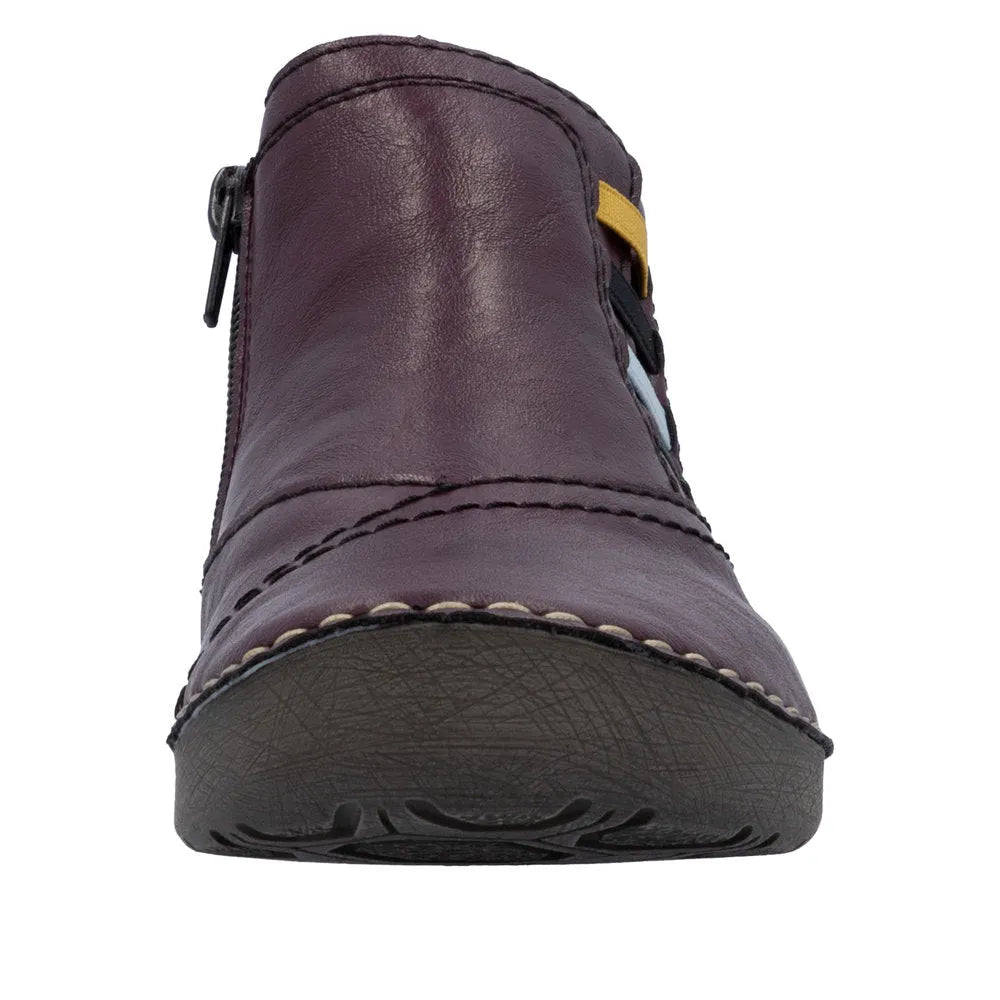 Rieker 52584-30 women's red ankle boots with side zipper, leather upper, and comfortable sole.