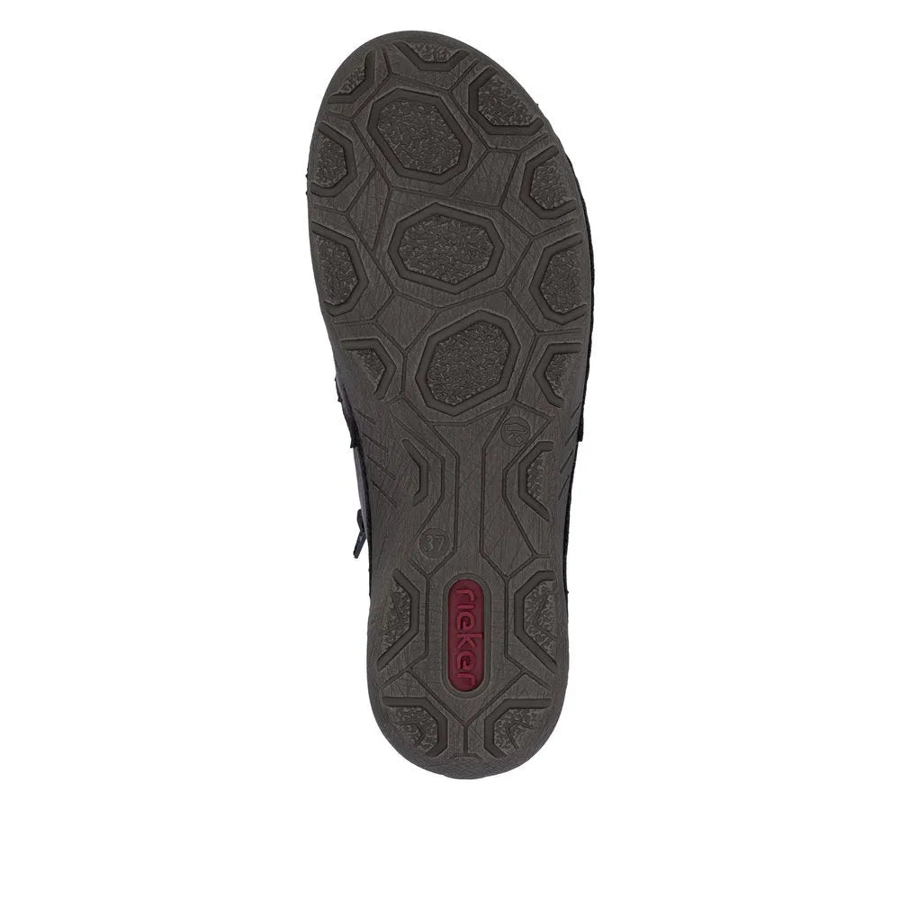 Rieker 52584-30 women's red ankle boots with side zipper, durable rubber sole with hexagonal tread pattern, lightweight and stylish.