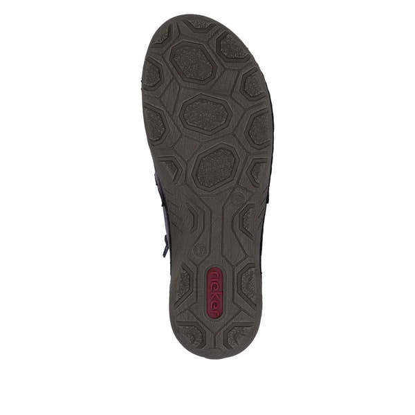 Rieker 52584-30 women's red ankle boots with side zipper, durable rubber sole with hexagonal tread pattern, lightweight and stylish.