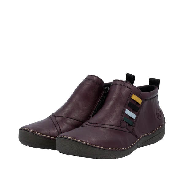 Rieker 52584-30 women's burgundy ankle boots with side zipper, slip-on design, and colorful strap accents, lightweight and comfortable.