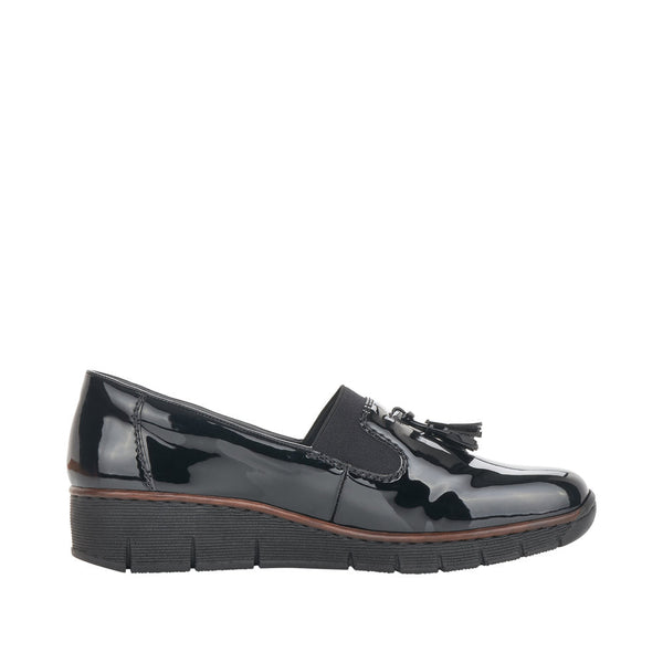 Rieker 53751-00 Ladies Black Patent Textile Slip On Shoes-elevate your sole