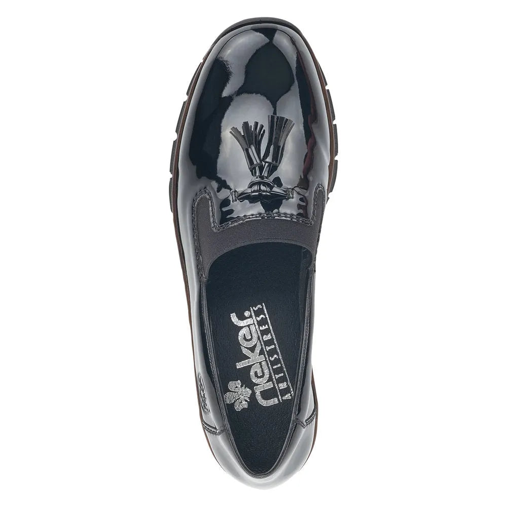 Rieker 53751-00 Ladies Black Patent Textile Slip On Shoes-elevate your sole