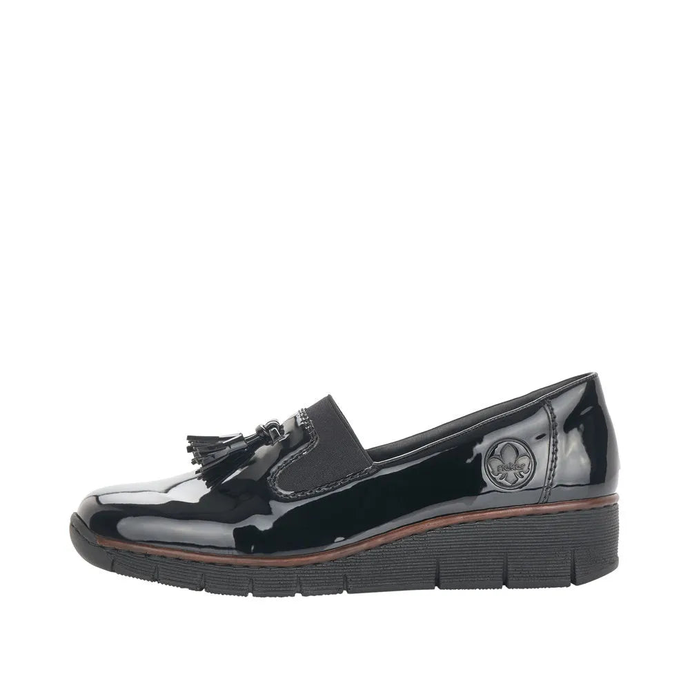 Rieker 53751-00 Ladies Black Patent Textile Slip On Shoes-elevate your sole