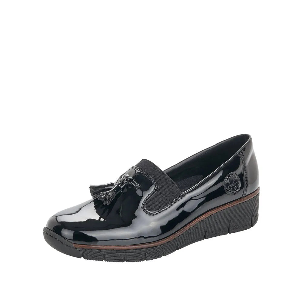 Rieker 53751-00 Ladies Black Patent Textile Slip On Shoes-elevate your sole