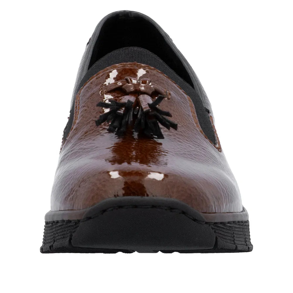Rieker 53751-24 women's brown slip-on shoes with black laces, leather upper, and comfortable sole.