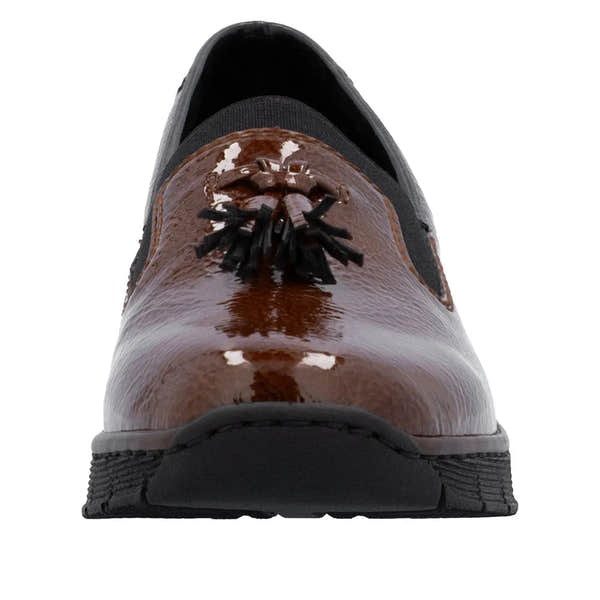 Rieker 53751-24 women's brown slip-on shoes with black laces, leather upper, and comfortable sole.