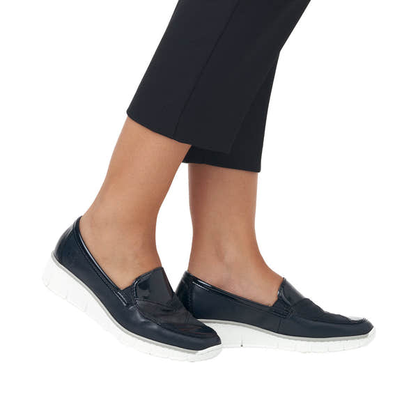 Rieker 53785-14 Doris Ladies Navy Blue Leather Slip On Loafers-elevate your sole
