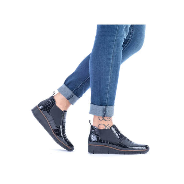 Rieker 53794-01 Ladies Black Croc Leather Pull-On Ankle Boots, stylish slip-on boots with textured crocodile pattern, low heel, ideal for everyday wear.