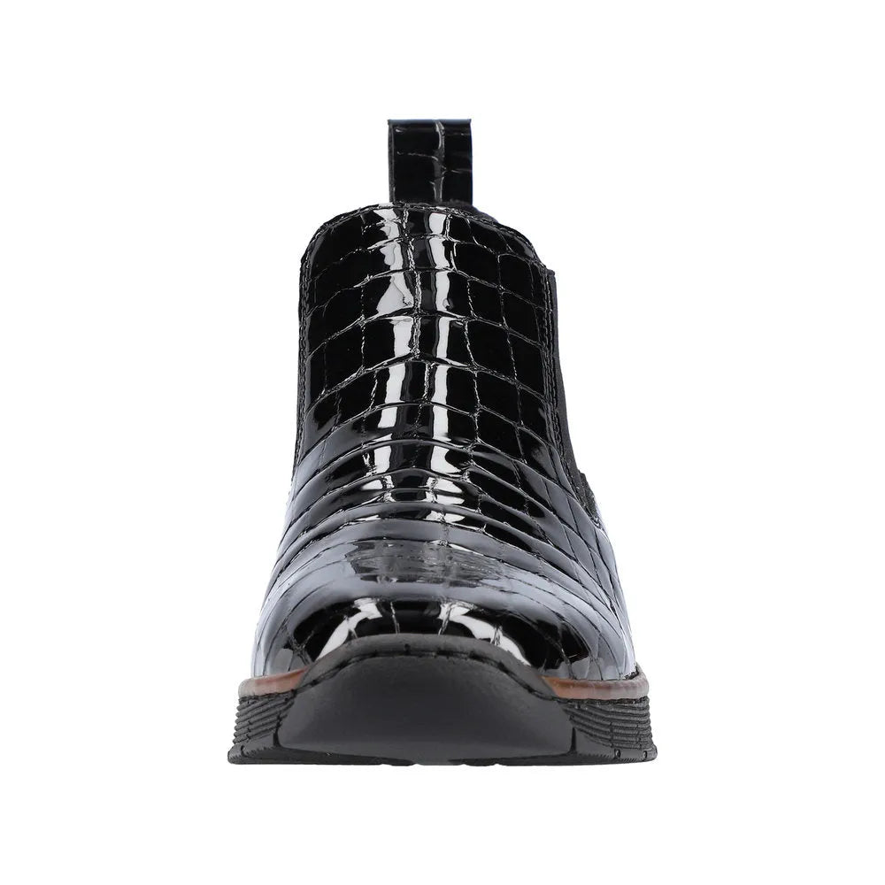 Rieker 53794-01 women's black croc leather pull-on ankle boots with shiny finish and low heel.