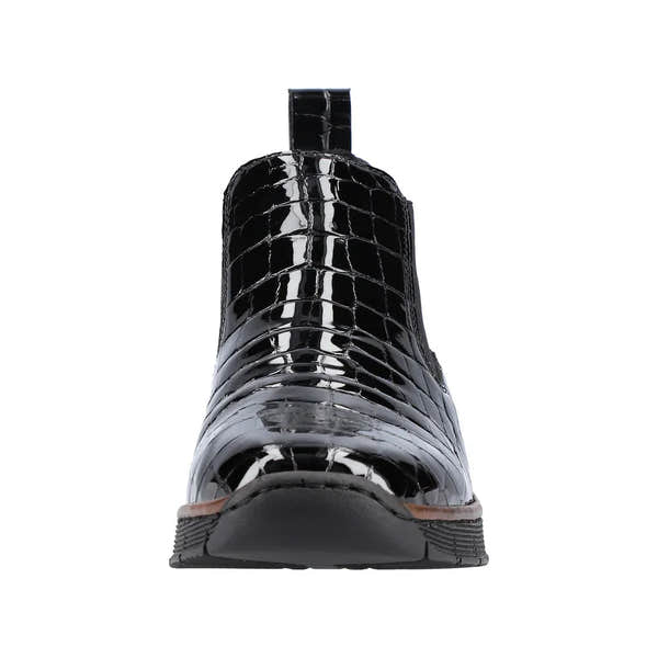 Rieker 53794-01 women's black croc leather pull-on ankle boots with shiny finish and low heel.
