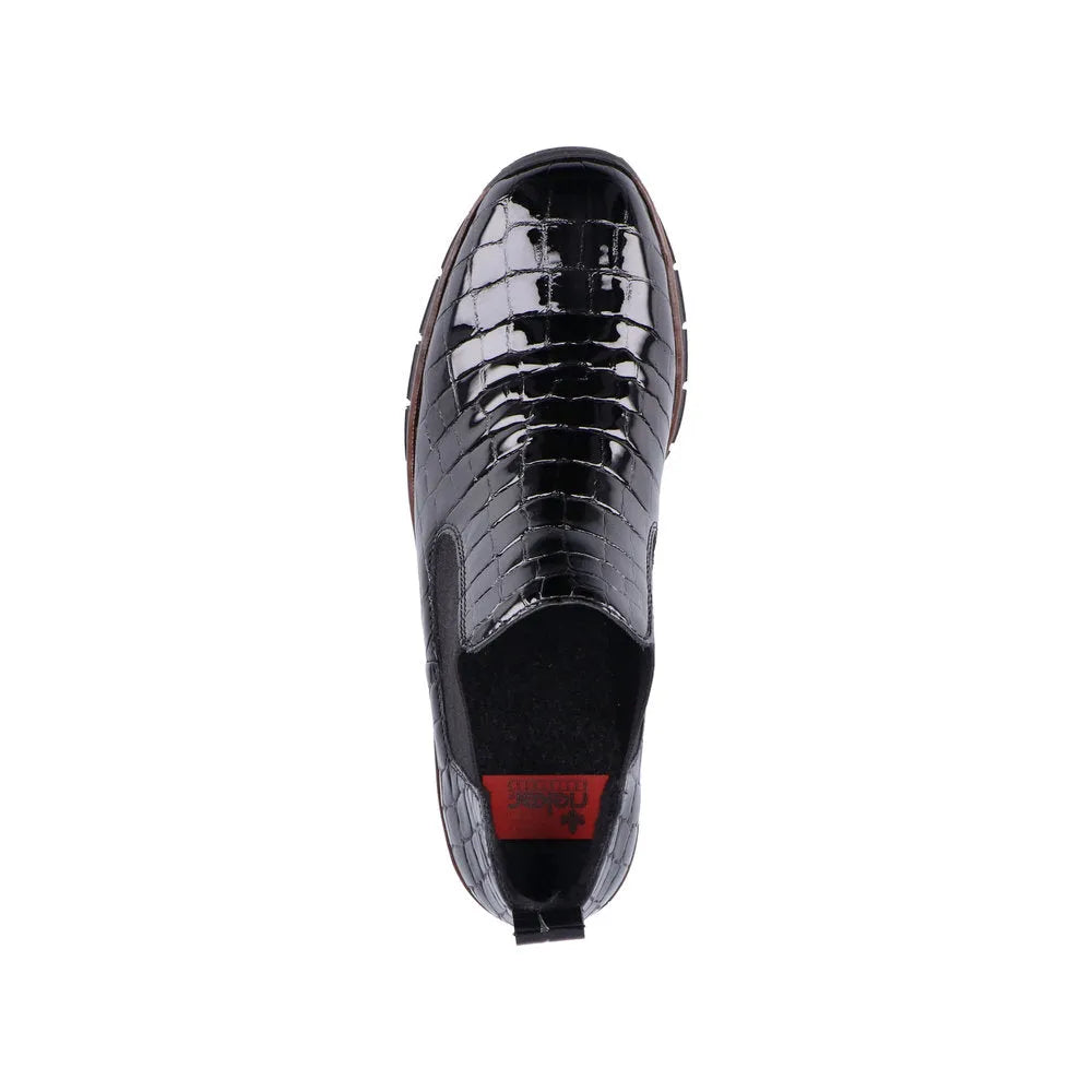 Rieker 53794-01 women's black crocodile leather ankle pull-on boots with stylish design and slip-on style.