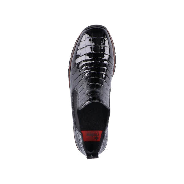 Rieker 53794-01 women's black crocodile leather ankle pull-on boots with stylish design and slip-on style.